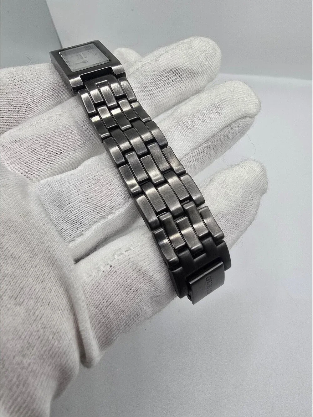 GUESS Women’s Quartz Analog Rectangle Watch Silver Dial Gray Stainless Bracelet